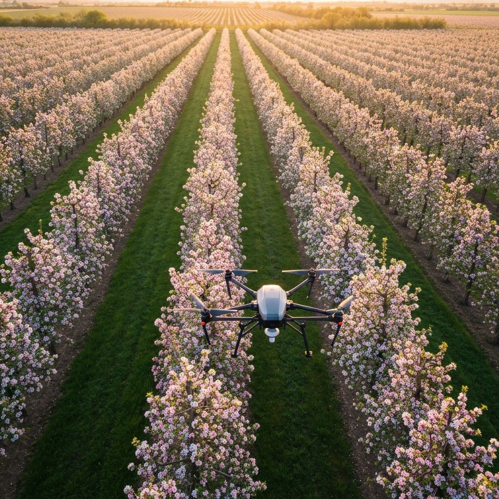 Autonomous pollination drone flying over orchard